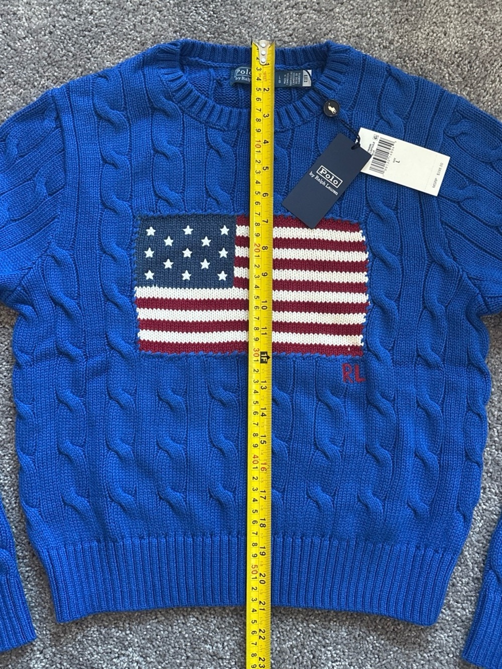 NWT Polo Ralph Lauren Blue Cable-Knit American Flag Cropped Sweater L - Picture 4 of 4